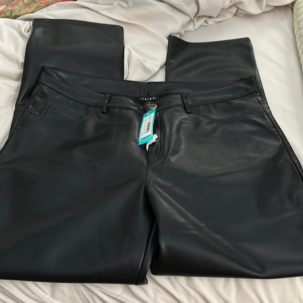 NWT Tribal High Rise Faux Leather 5 Pocket Straight Leg Pants Black Sz 14